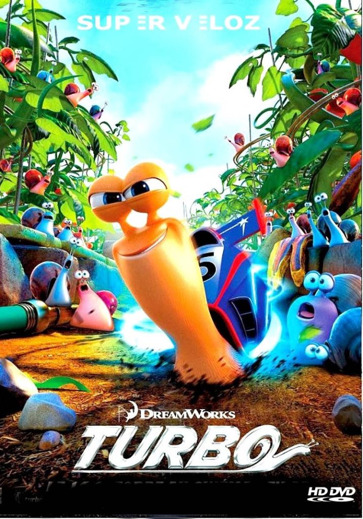2013 DreamWorks Turbo movie poster vibrant CGI racing snail Turbo with garden crew and car Wallpaper