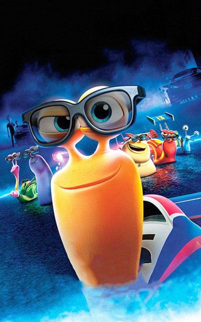 Turbo the racing snail with glasses and crew on blue-lit racetrack animated wallpaper background