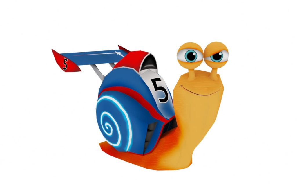 Turbo racing snail 3D CGI wallpaper with red blue shell and spoiler on minimalist background