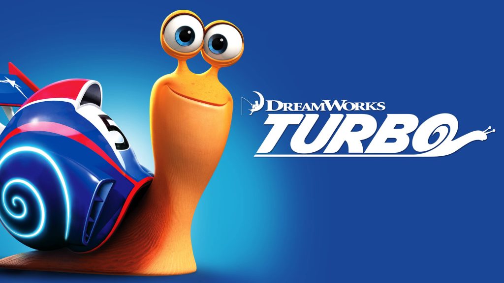 Turbo the racing snail with blue red number 5 shell on vibrant blue background DreamWorks wallpaper