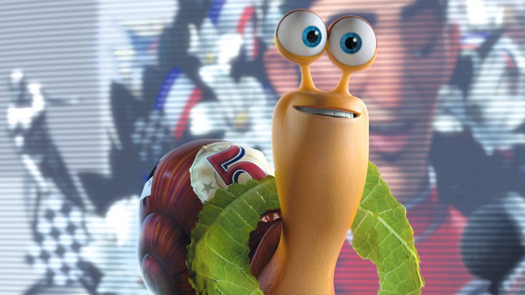 3D Turbo racing snail with green leaf garland high quality CGI wallpaper background vibrant