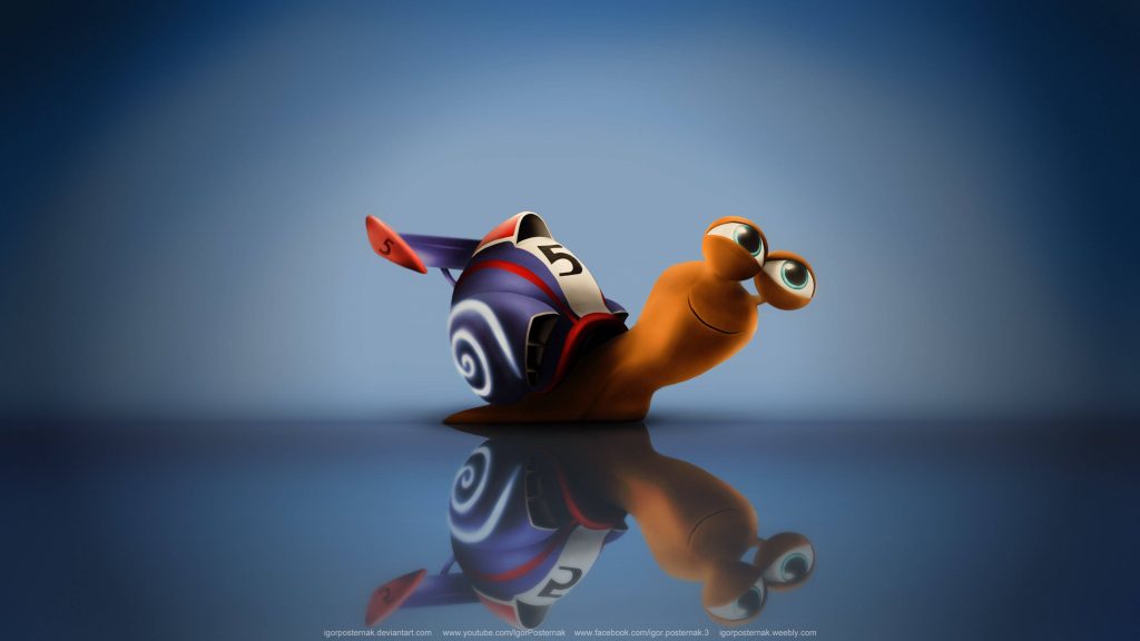 Turbo DreamWorks racing snail CGI wallpaper vibrant orange blue shell dark blue gradient background
