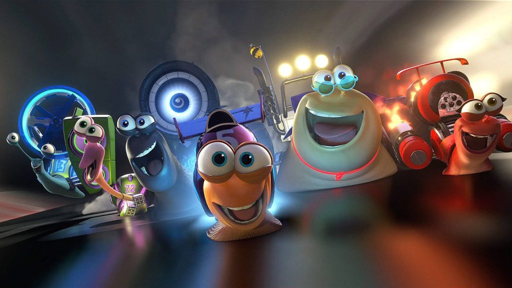 Cheerful 3D Turbo snail racing crew on neon track vibrant digital art wallpaper background