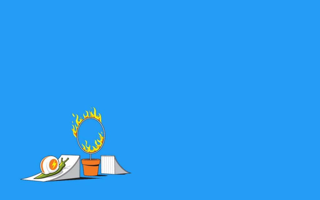 Turbo the racing snail jumps through flaming ring on white ramp minimalist blue wallpaper