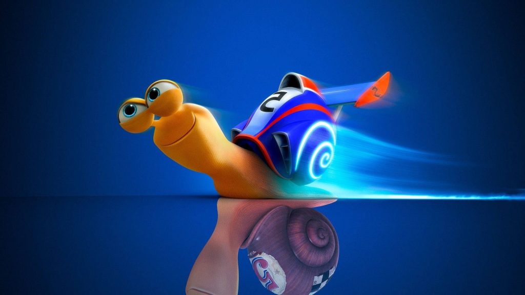 Blue Turbo snail wallpaper with CGI racer motion blur and reflective surface background