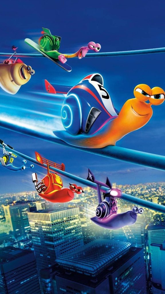 Turbo and racing snails zooming above a glowing city at night 3D animated wallpaper background