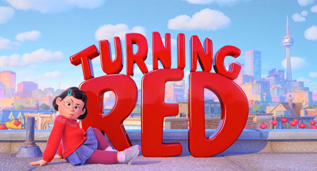 Turning Red 3D Logo Wallpaper with Vibrant Cityscape Background