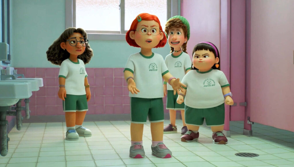 Turning Red Wallpaper: Friends in Gym Uniforms at School Restroom