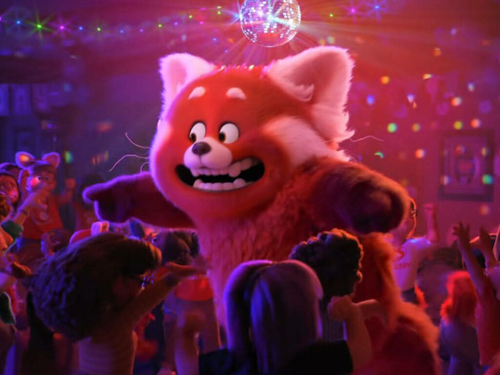 “Mei’s Red Panda at Disco Club: Vibrant Energy Wallpaper Background”