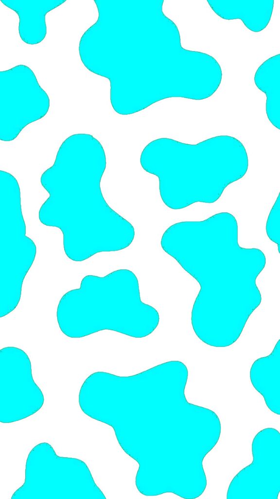 Turquoise cow print wallpaper with irregular spots on white background for modern decor