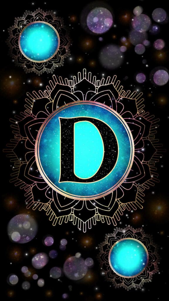 Turquoise glowing letter D with golden mandala on cosmic starry digital art wallpaper background