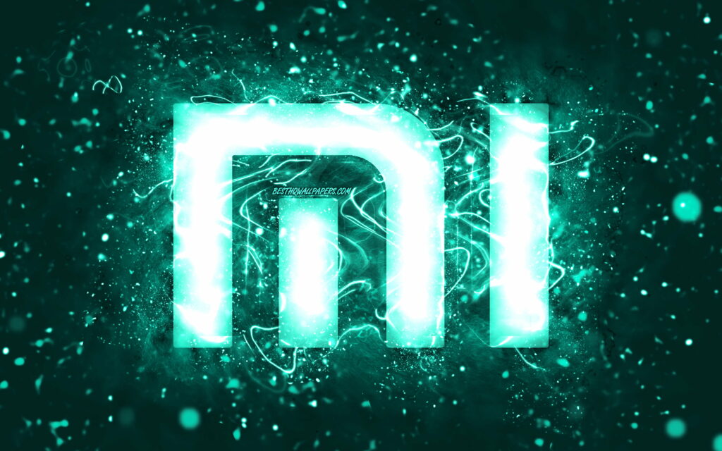 Vibrant Turquoise Illumination: Artistic Fusion of Xiaomi Logo and Creative Neon Lights Wallpaper