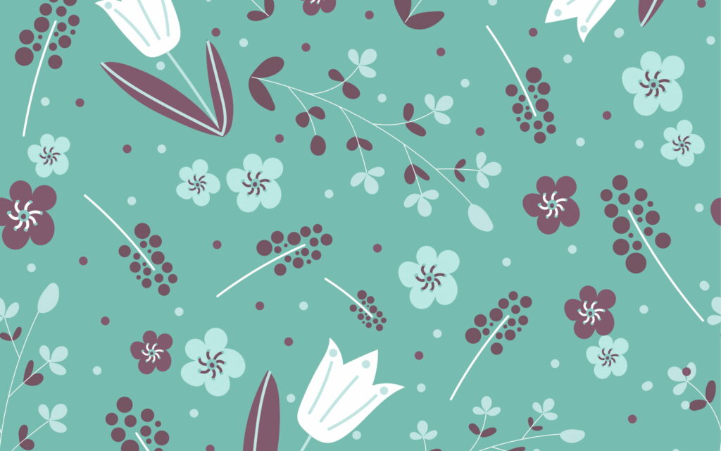 Seamless retro floral wallpaper with white tulips blue blossoms and purple berry stems on turquoise