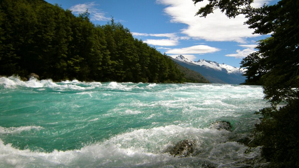 Fast-flowing turquoise river through lush forest with snow-capped mountains under blue sky wallpaper