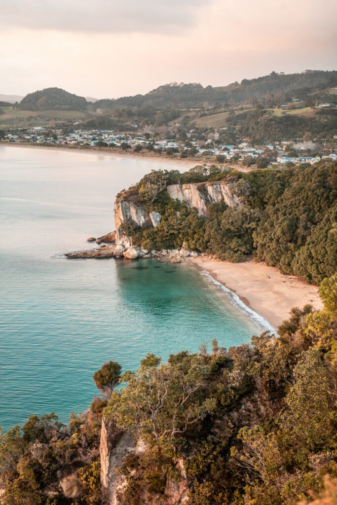 Aerial view of turquoise sea golden sandy beach rugged cliffs and lush green trees coastline landscape Wallpaper