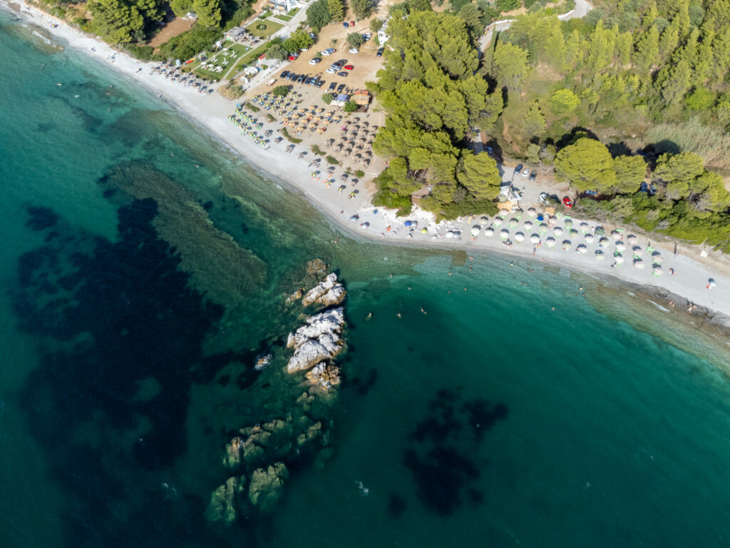 Aerial view of summer beach with turquoise sea sunlit rocks green trees and sunbathers on sand Wallpaper