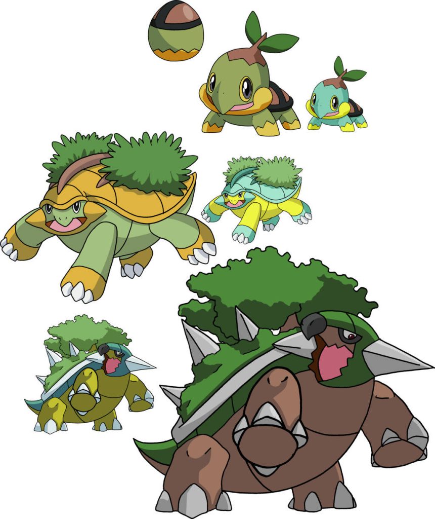 Turtwig evolution line digital art featuring egg Turtwig Grotle Torterra standard and shiny forms Wallpaper