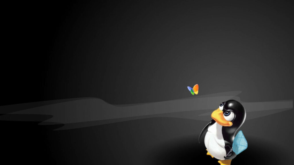 Tech Savvy Tux: A Captivating Linux Desktop Design with Tux and the MSN Logo on a Striking Black Background Wallpaper