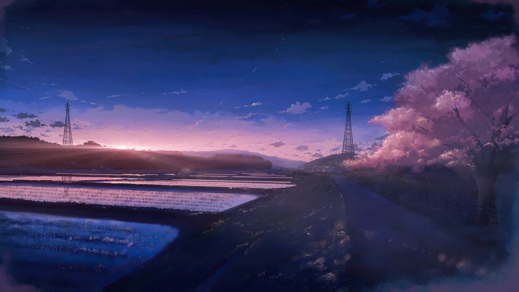 Dreamy anime twilight landscape with cherry blossoms and reflective flooded rice paddies in Japan Wallpaper