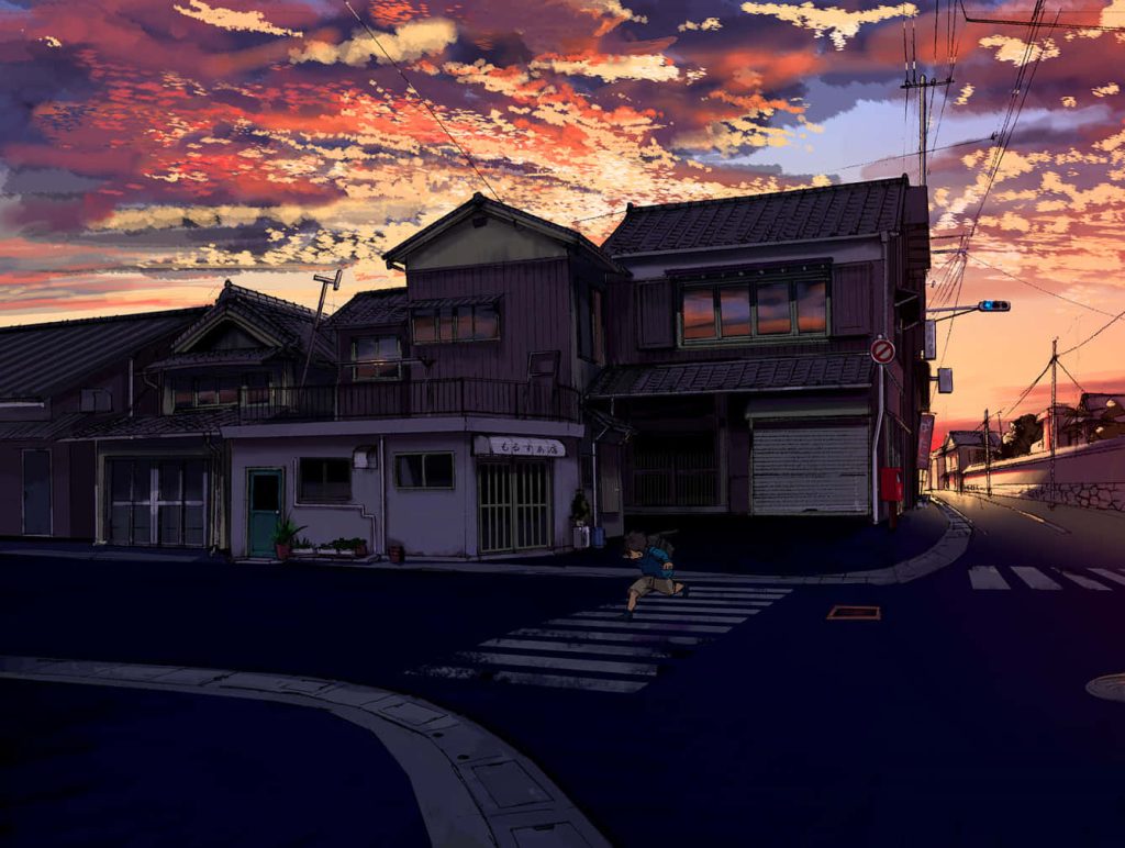 Anime student running on crosswalk at twilight with traditional Japanese buildings and pastel sky Wallpaper