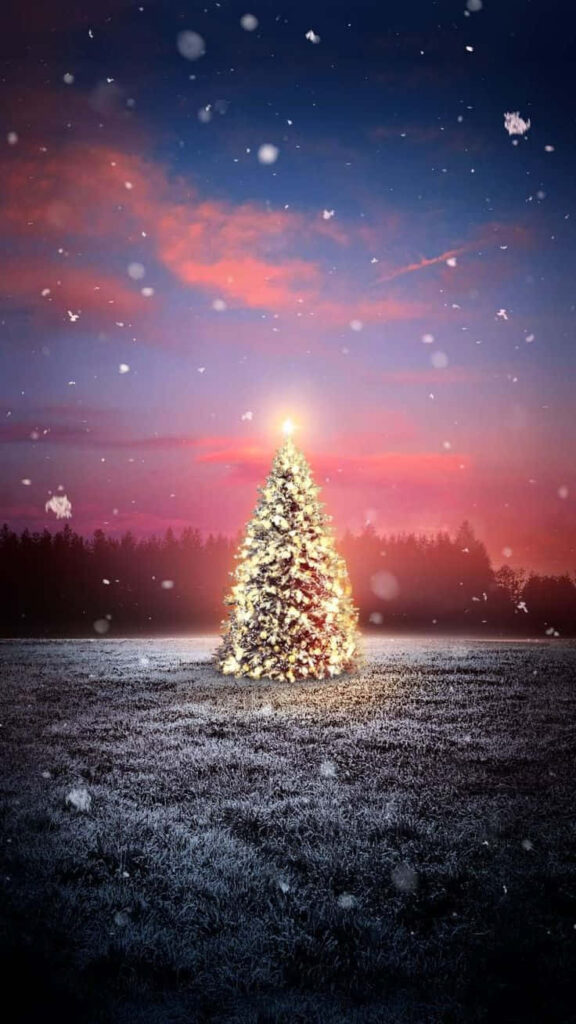 Twilight Christmas Tree Wallpaper with Golden Lights & Snowflakes