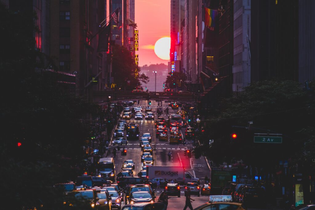 “Vibrant City Street Twilight Wallpaper - Sunset Urban Landscape”