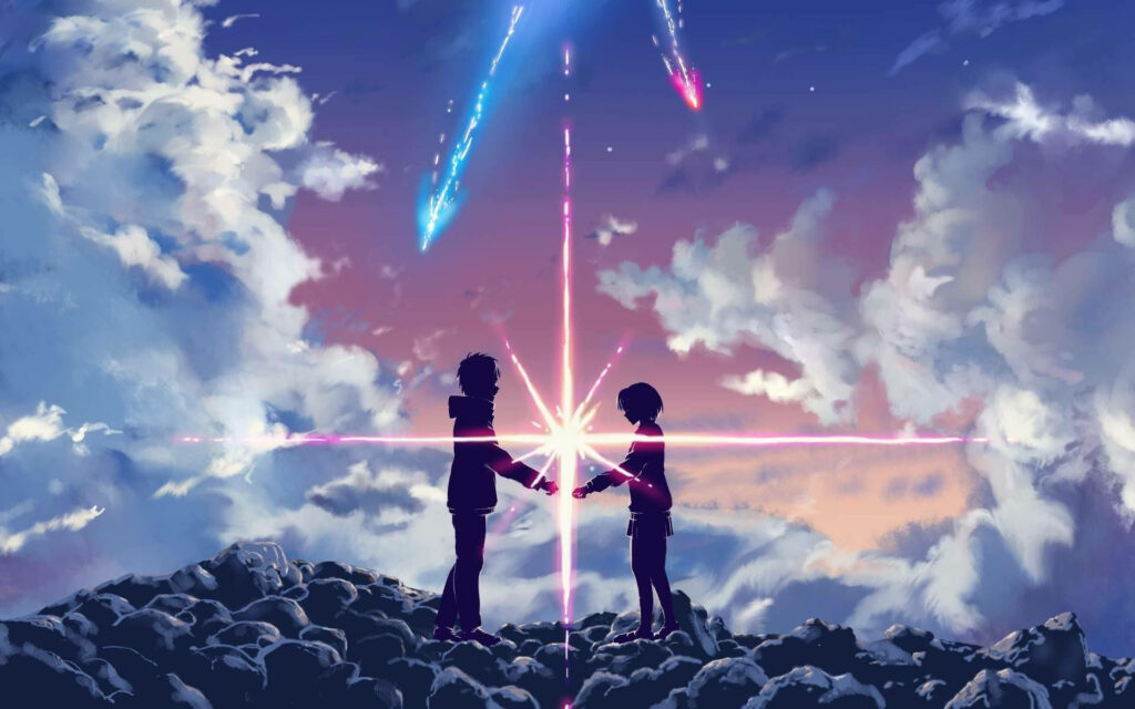 Twilight Love: Aesthetic Your Name Anime Couple Wallpaper with Taki and Mitsuha