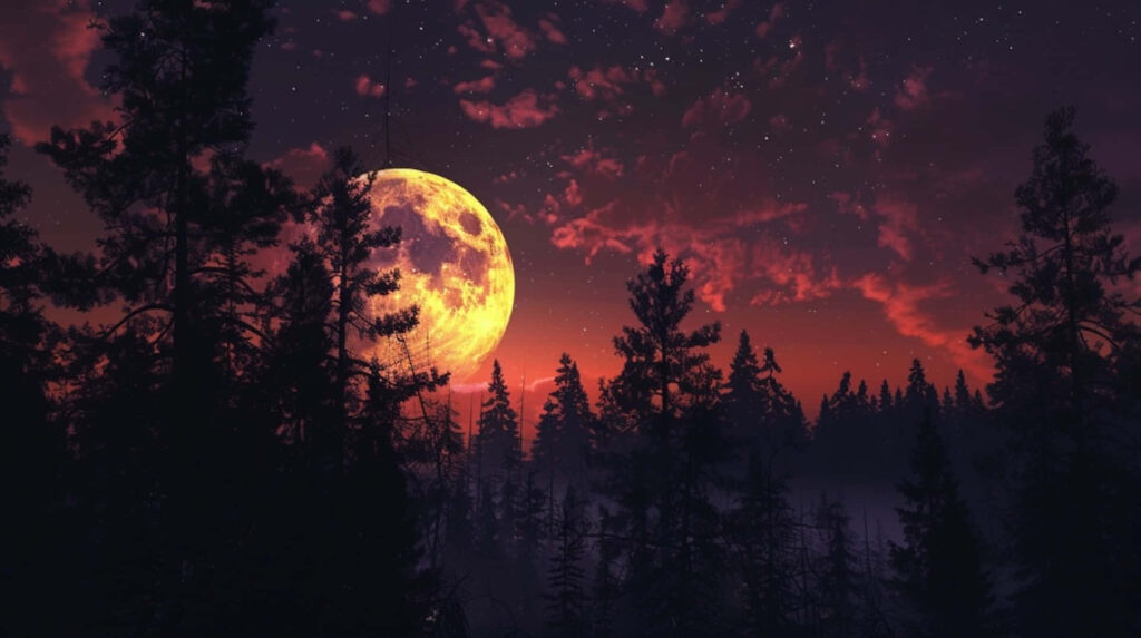 Enchanting Twilight Wallpaper: Glowing Moon Over Serene Forest