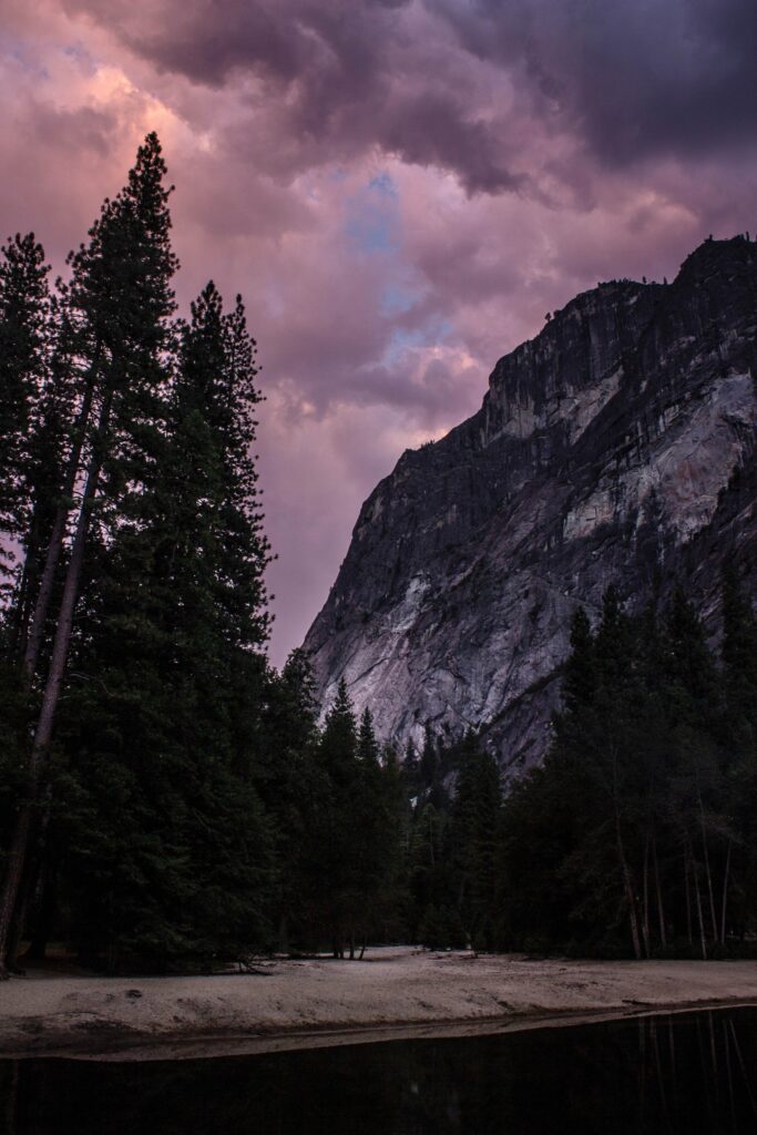 Twilight mountain landscape with towering pines winding road and dramatic cliffs wallpaper background