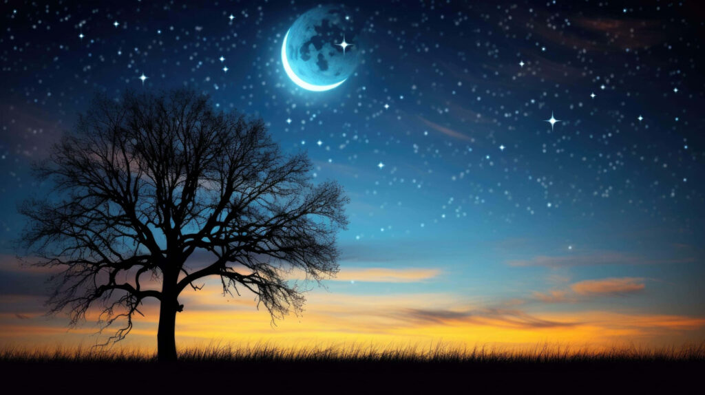 Serene Twilight Wallpaper: Barren Tree, Crescent Moon & Stars