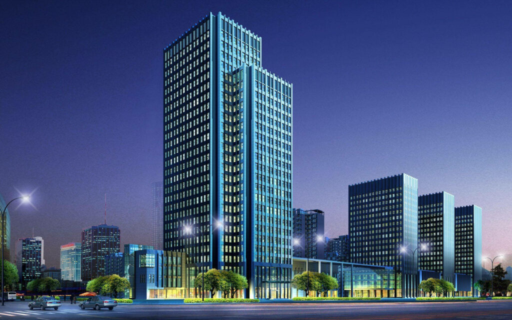 Modern High-Rise Building Design: Sleek Architecture at Twilight Wallpaper