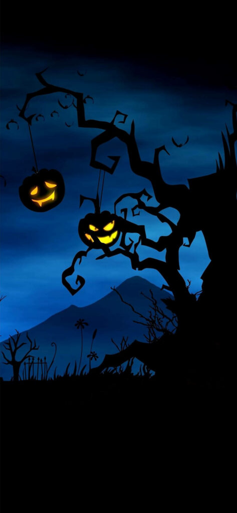 Ghoulish Guardians: Eerie Halloween Forest Phone Wallpaper Sets a Chilling Scene with a Sinister Spectral Tree and a Jack-o'-Lantern Under Midnight Sky on a Haunting Night