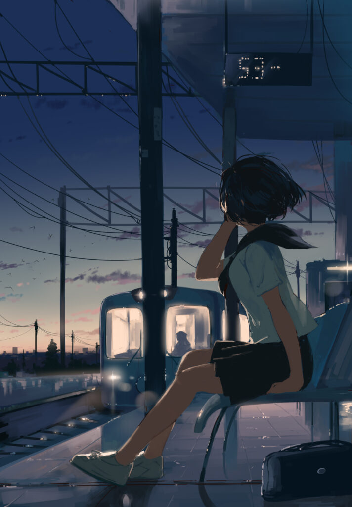 Serene Twilight Anime Girl at Train Station - Atmospheric Artwork Wallpaper