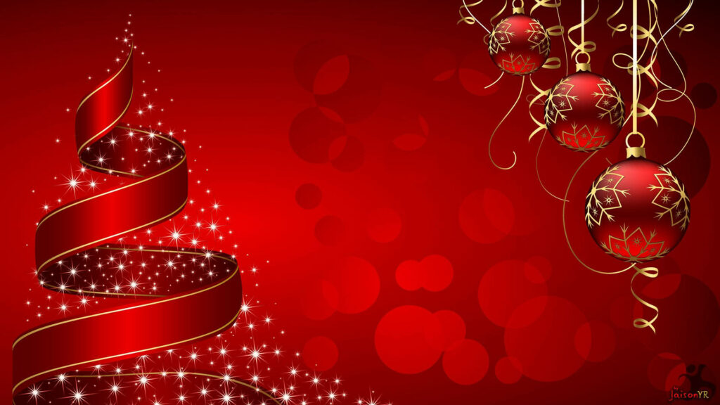 Elegant Christmas wallpaper with red ribbon tree and gold snowflake ornaments on red background