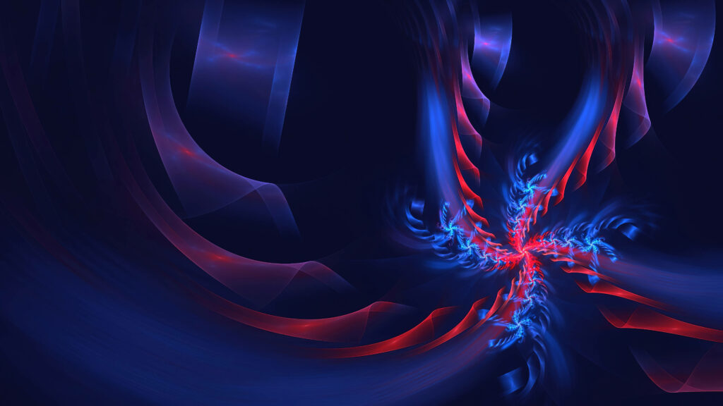 4D Ultra HD abstract wallpaper with vibrant red and blue swirling dynamic forms on dark background