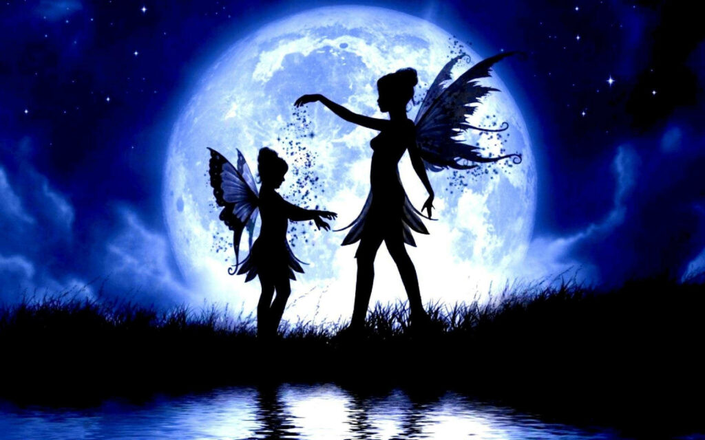 Two fairies with delicate wings stand by a calm lake under a glowing full moon and starry sky Wallpaper