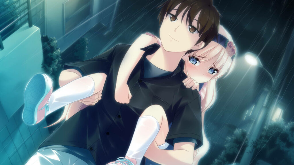 Romantic Rainy Night: Adorable Anime Duo Enjoying a Piggyback Ride Wallpaper