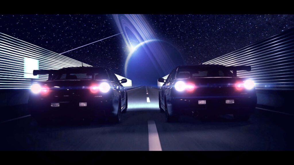 Two Nissan R33 GTR cars driving side by side in a futuristic tunnel at night with a giant planet and glowing rings in the starry sky wallpaper background