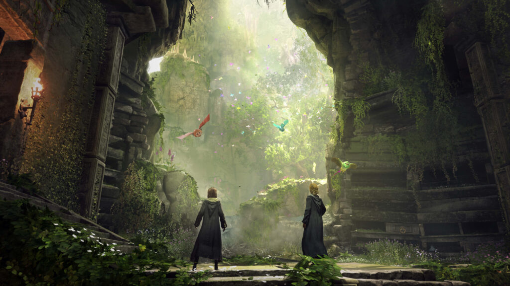 Two wizards explore mystical ancient ruins with magical creatures in Hogwarts Legacy wallpaper background