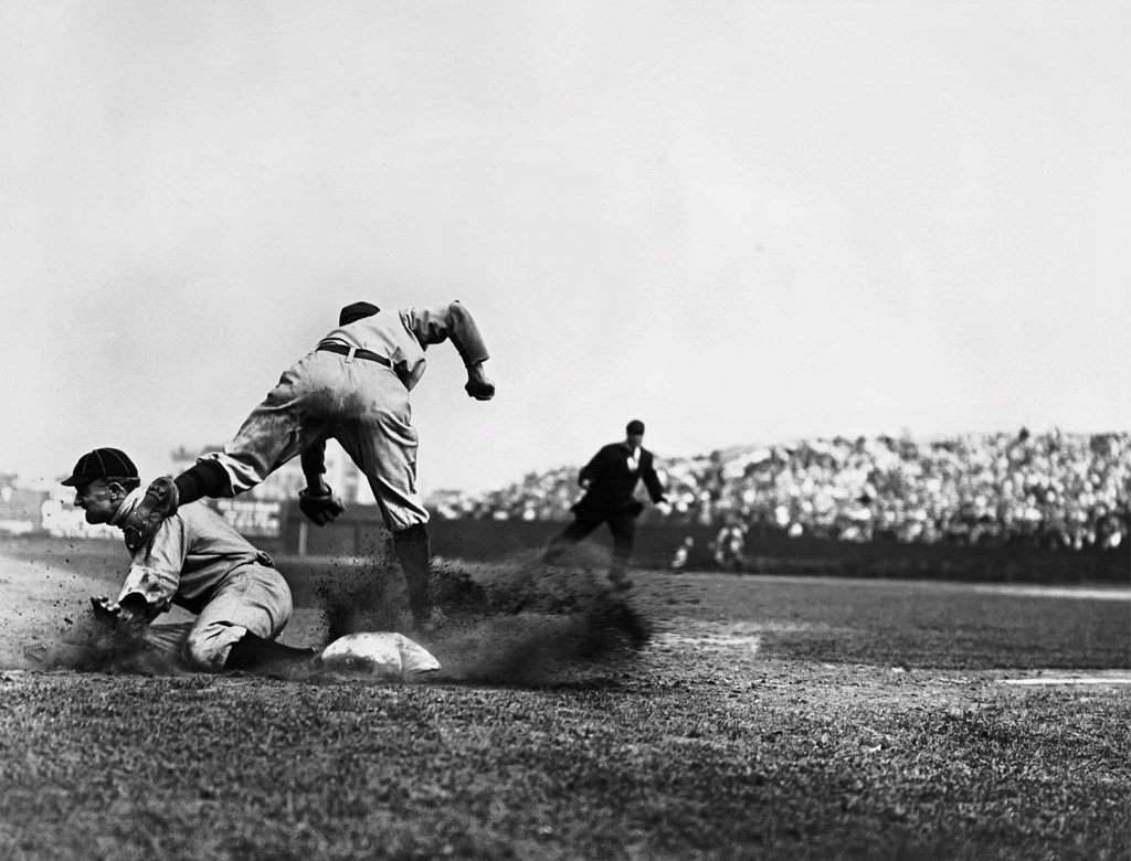 Ty Cobb intense slide grayscale vintage baseball action wallpaper background for sports fans