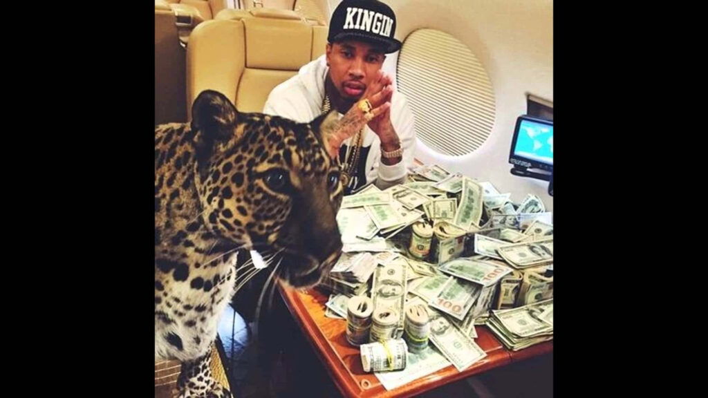 Opulent Wallpaper: Tyga in Luxurious Jet with Leopard & Money Stacks