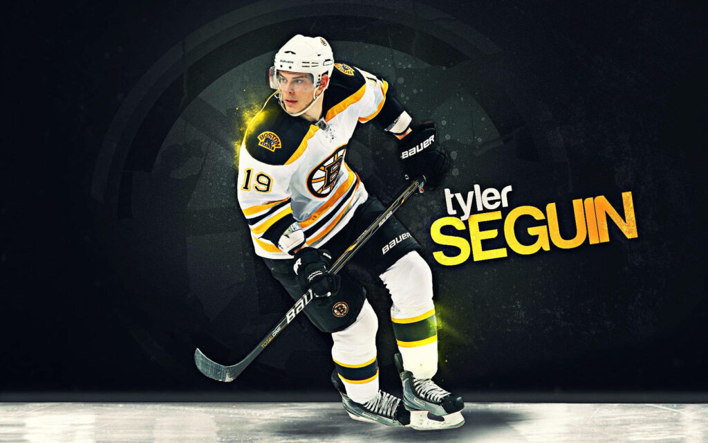 Tyler Seguin Boston Bruins action poster wallpaper bold yellow highlights dark textured background