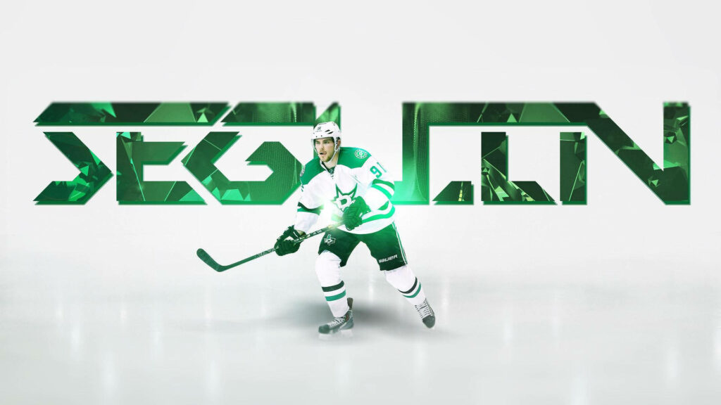 Tyler Seguin Dallas Stars action ice hockey wallpaper with green geometric text on white background
