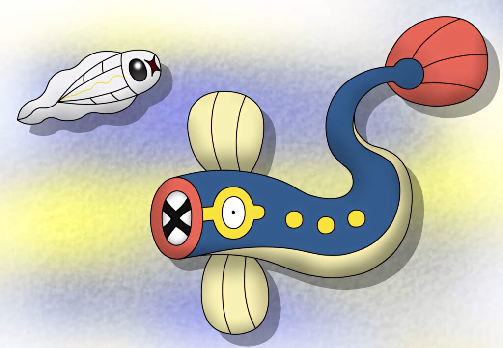 Soft hand-drawn Tynamo and Eelektrik wallpaper with electric aquatic Pokémon on yellow blue background