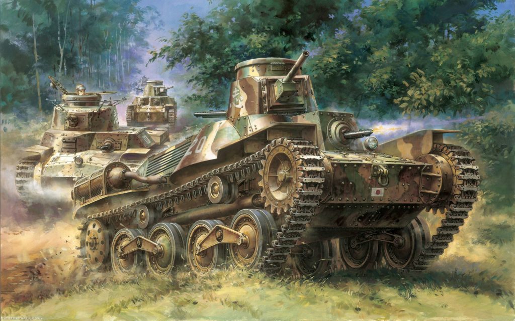 Type 95 Ha-Go tanks camouflaged in forest dust WWII military art wallpaper background