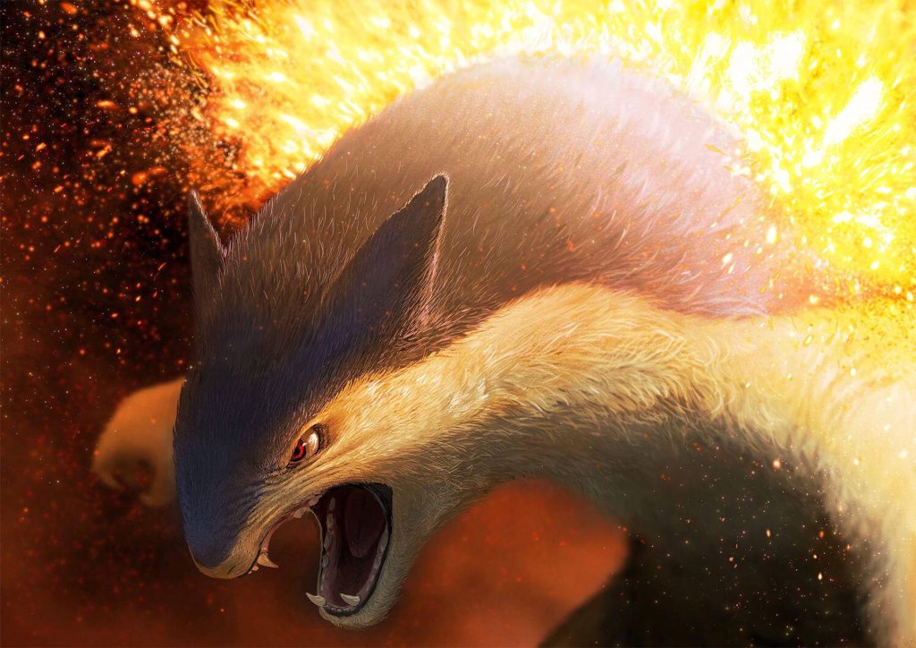Typhlosion close-up roaring with glowing flames and hyper-realistic fur digital wallpaper background