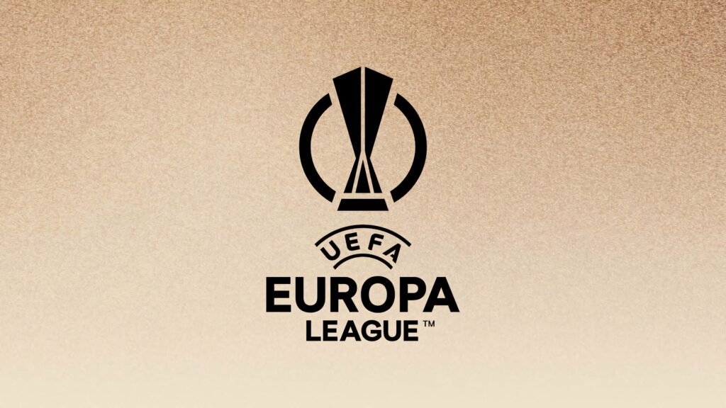 Minimalist UEFA Europa League trophy logo with bold text on smooth gold gradient background wallpaper