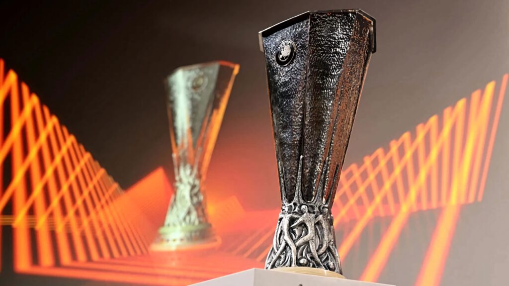 UEFA Europa League trophy sharp metallic detail with bold orange geometric background wallpaper