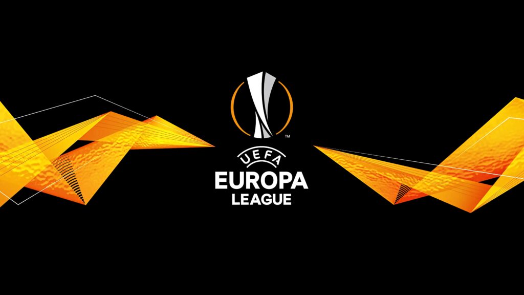 UEFA Europa League wallpaper with dynamic orange yellow shapes and trophy on sleek black background