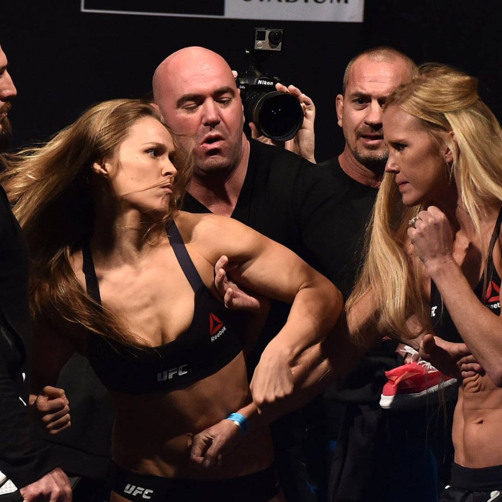 UFC 193 weigh-in face-off Ronda Rousey Holly Holm intense scuffle Dana White separates fans wallpaper